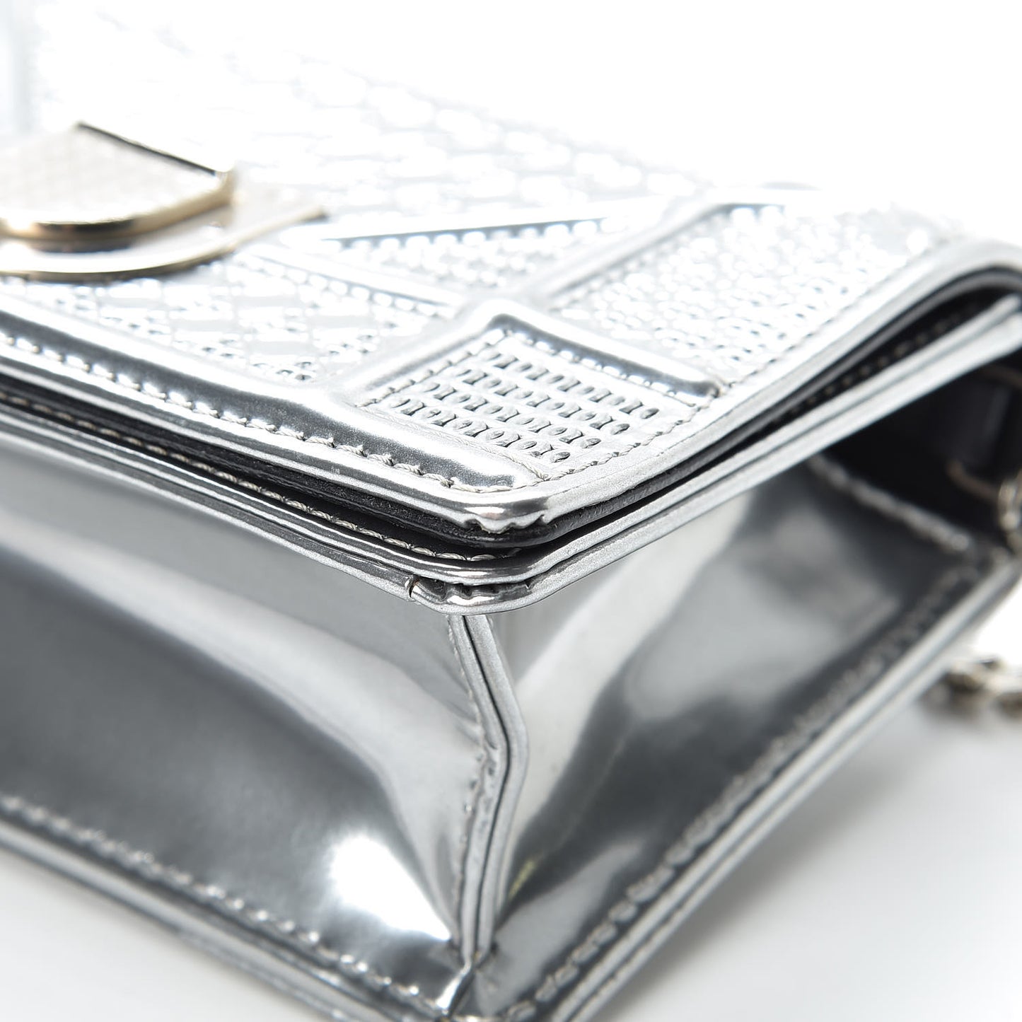 Metallic Patent Micro-Cannage Baby Diorama Flap Bag Silver