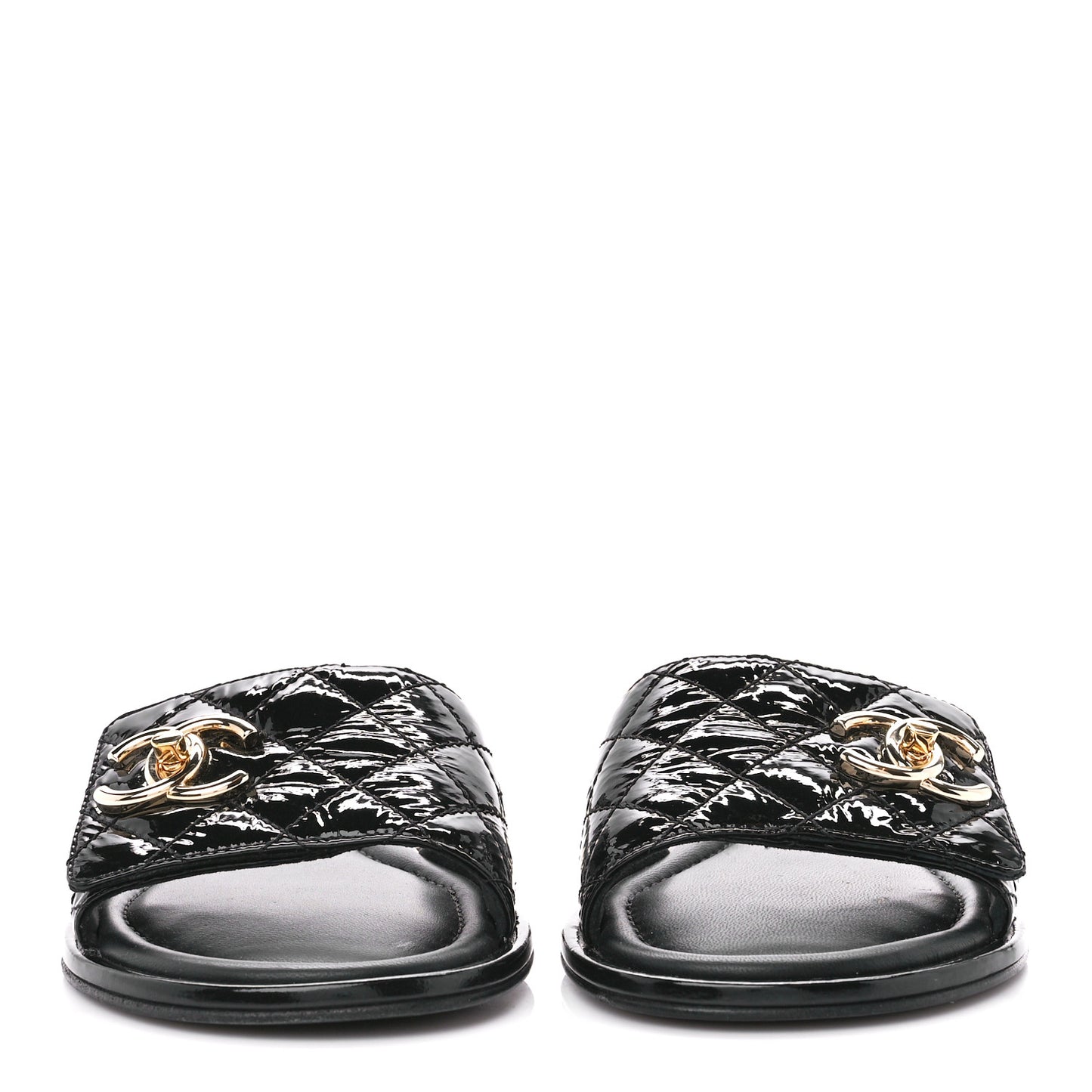 Patent Goatskin Quilted CC Mules Sandals 37 Black