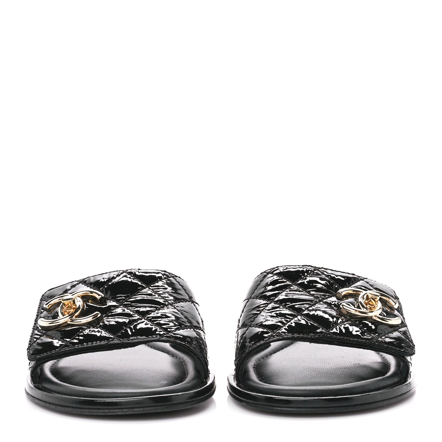 Chanel Patent Goatskin Quilted CC Mules Sandals 37 Black 2 of 11