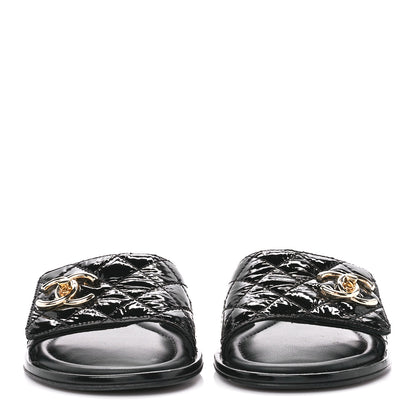 Chanel Patent Goatskin Quilted CC Mules Sandals 37 Black 2 of 11