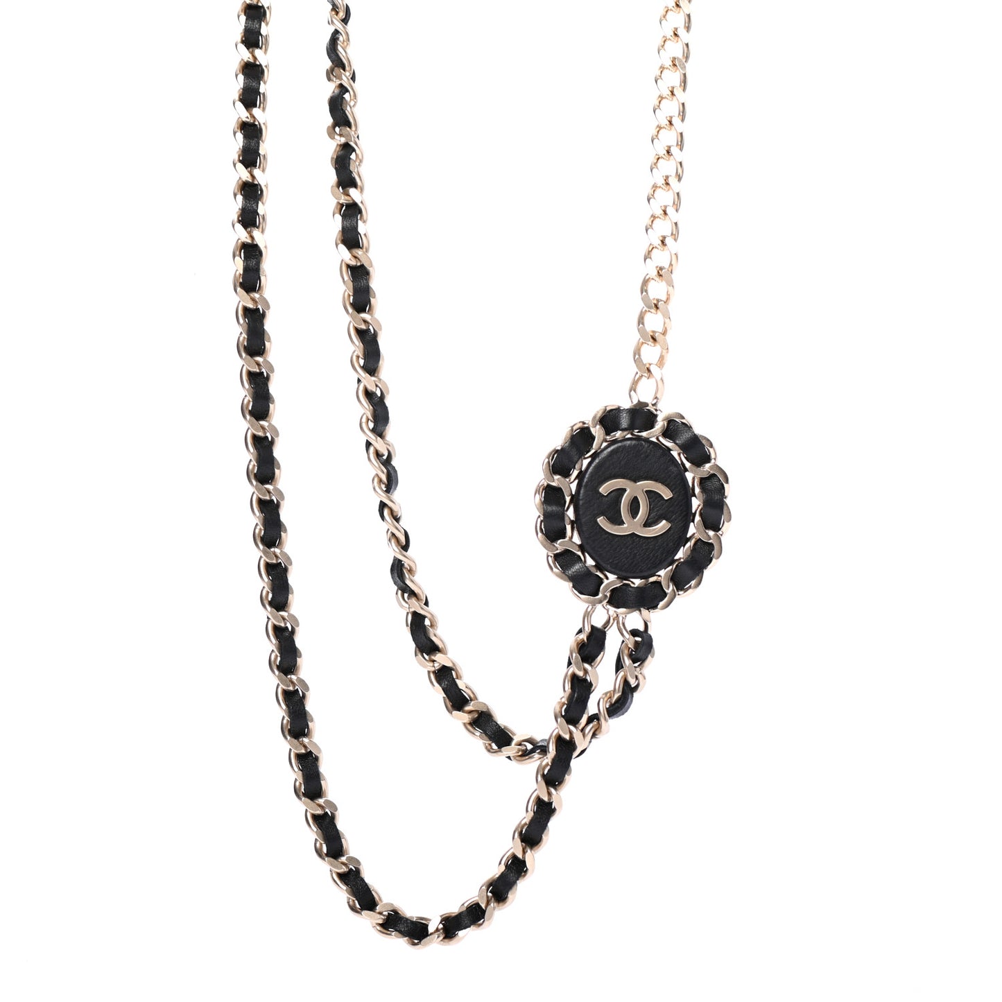 Lambskin CC Long Chain Necklace Black Gold