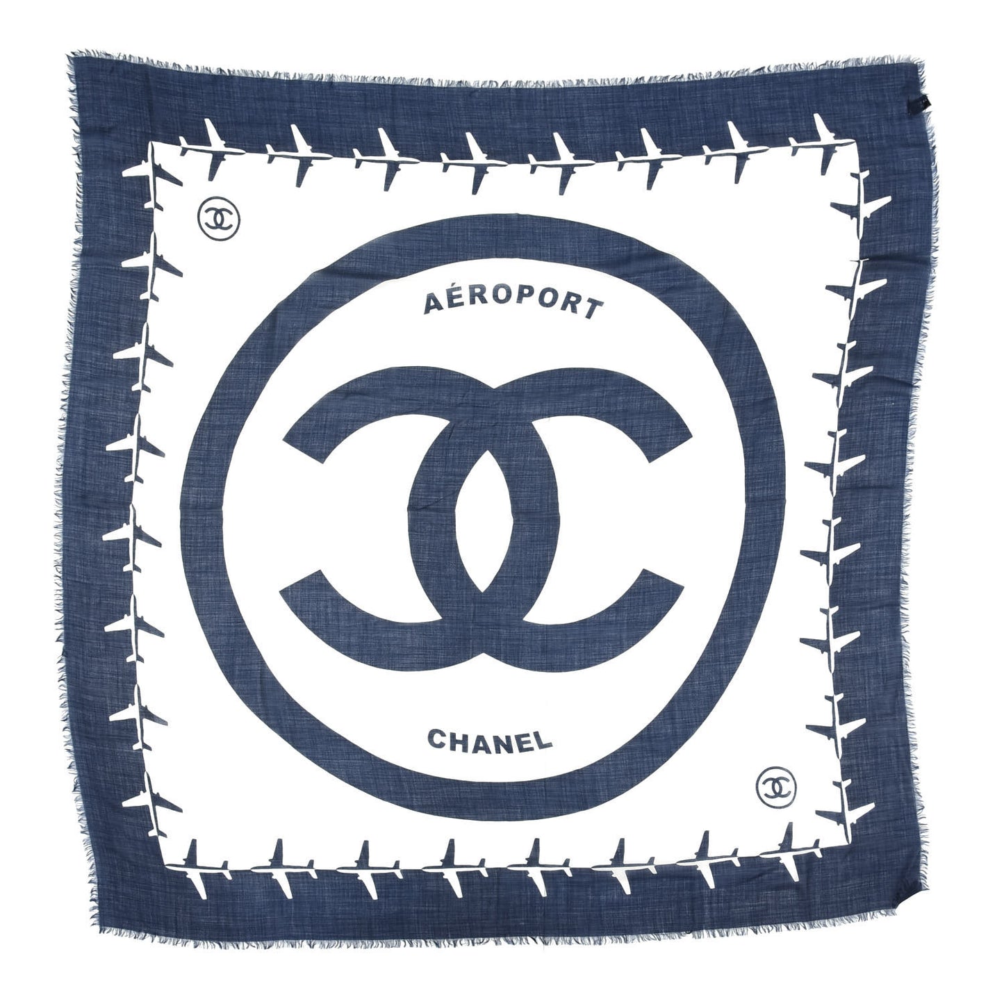 Cashmere Aeroport Print CC Logo Fringe Scarf White Navy Blue