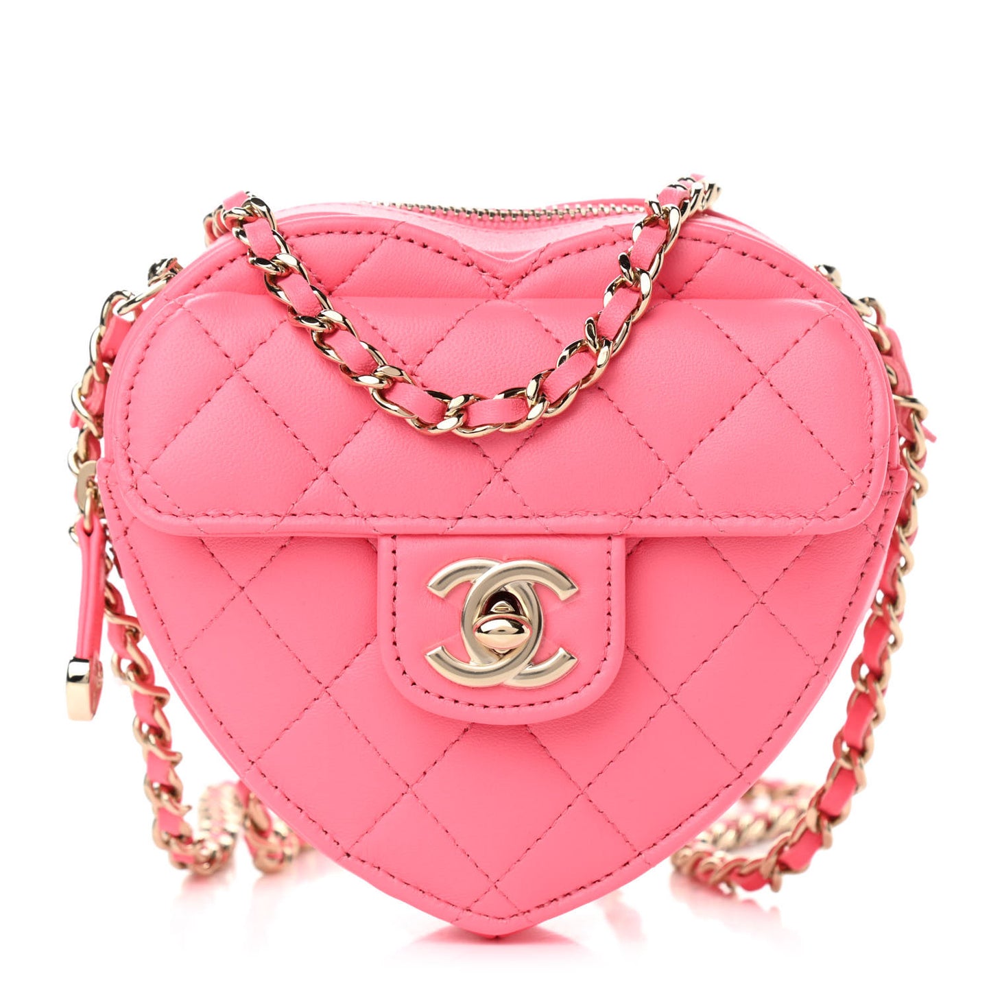 Lambskin Quilted CC In Love Heart Clutch With Chain Pink