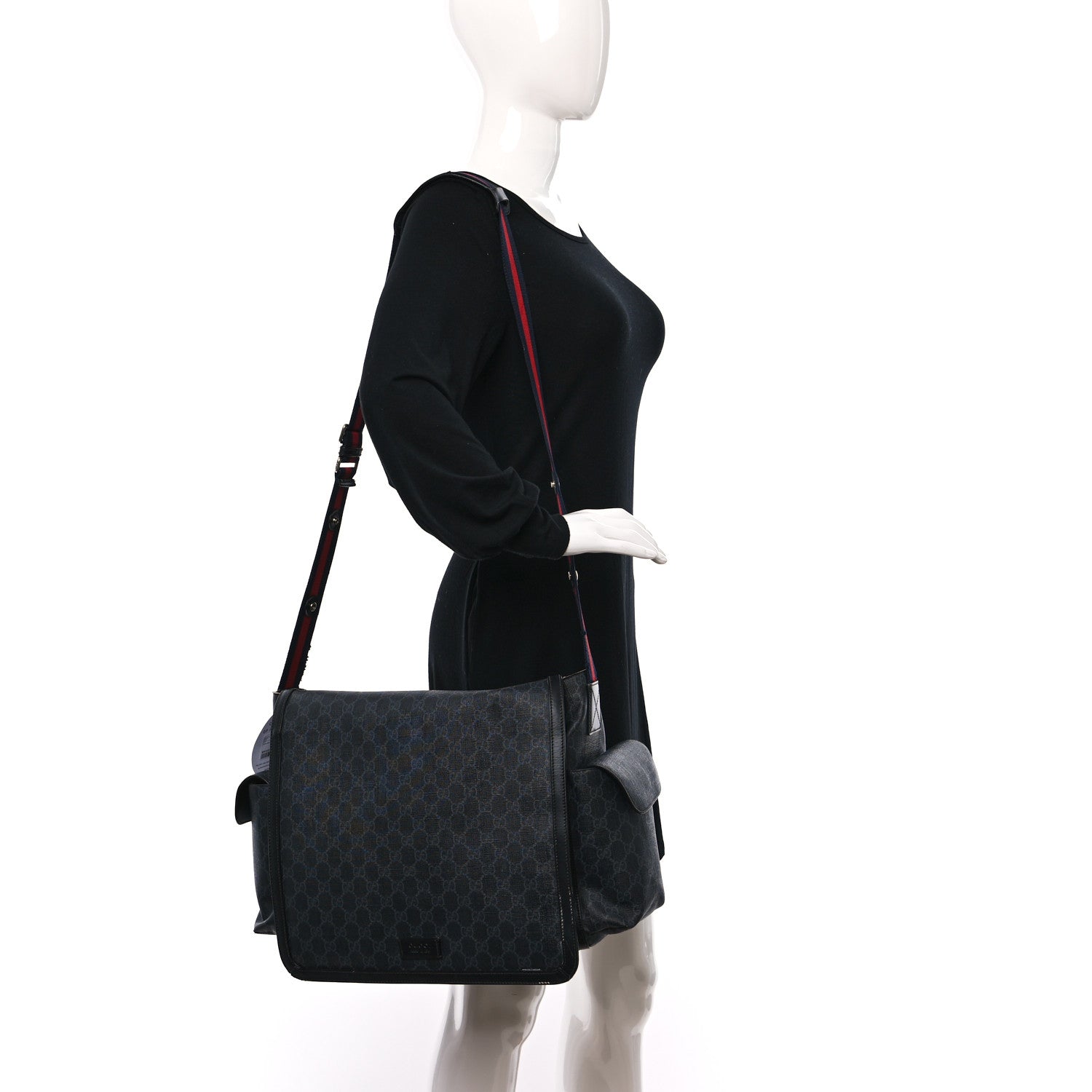 Gucci GG Supreme Monogram Web Messenger Diaper Bag Black Grey 3 of 14