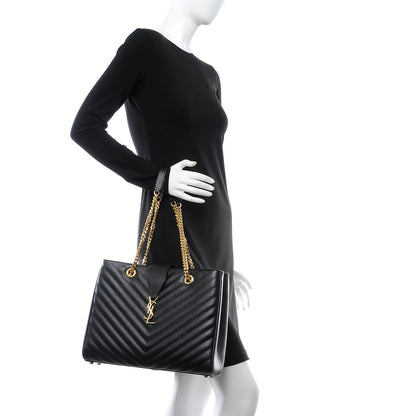 Saint Laurent Grain De Poudre Matelasse Chevron Monogram Shopping Bag Black 2 of 7