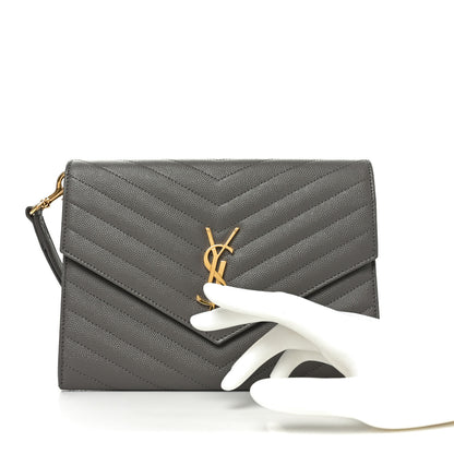 Saint Laurent Grain De Poudre Matelasse Chevron Monogram Envelope Clutch Fog 2 of 11