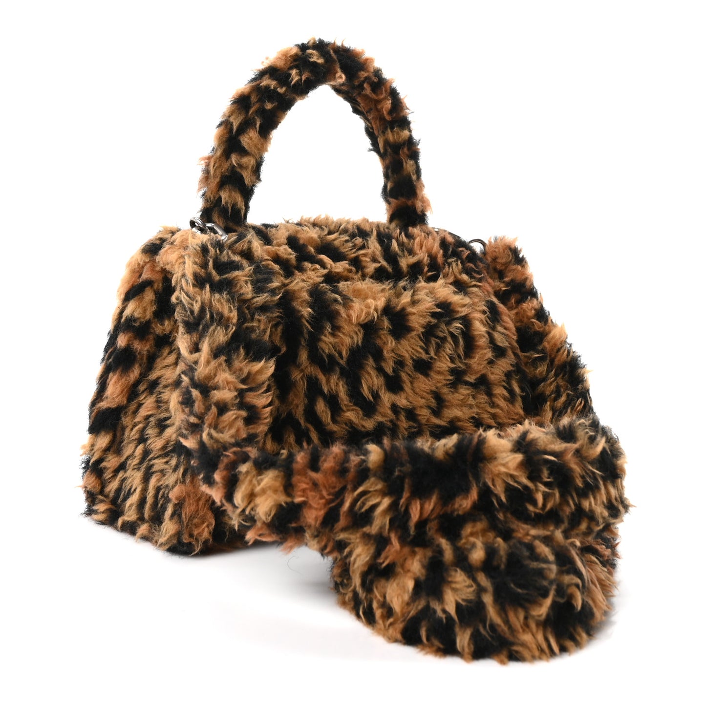 Fleece Leopard Print Small Hourglass Top Handle Bag Brown
