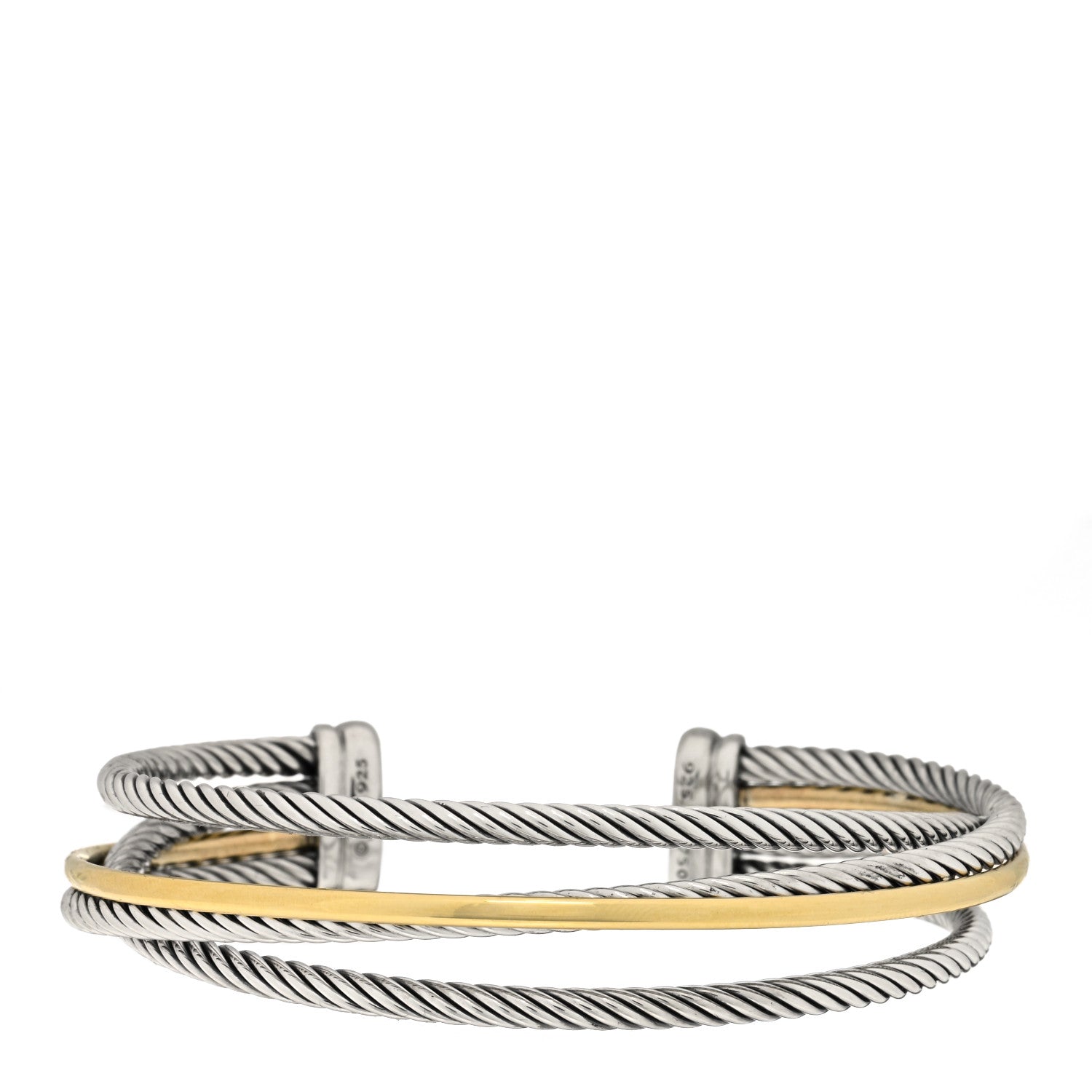 David Yurman Sterling Silver 18K Yellow Gold Crossover Three Row Cuff Bracelet 1 of 3