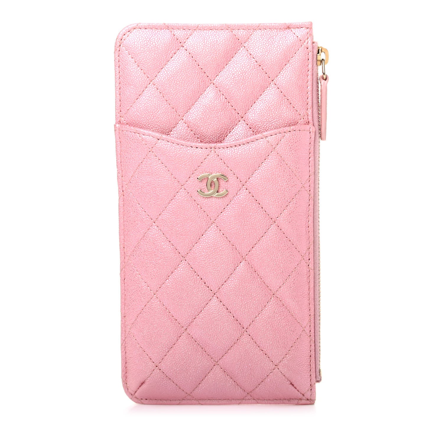 Iridescent Caviar Quilted Classic Flat Wallet Pouch Pink