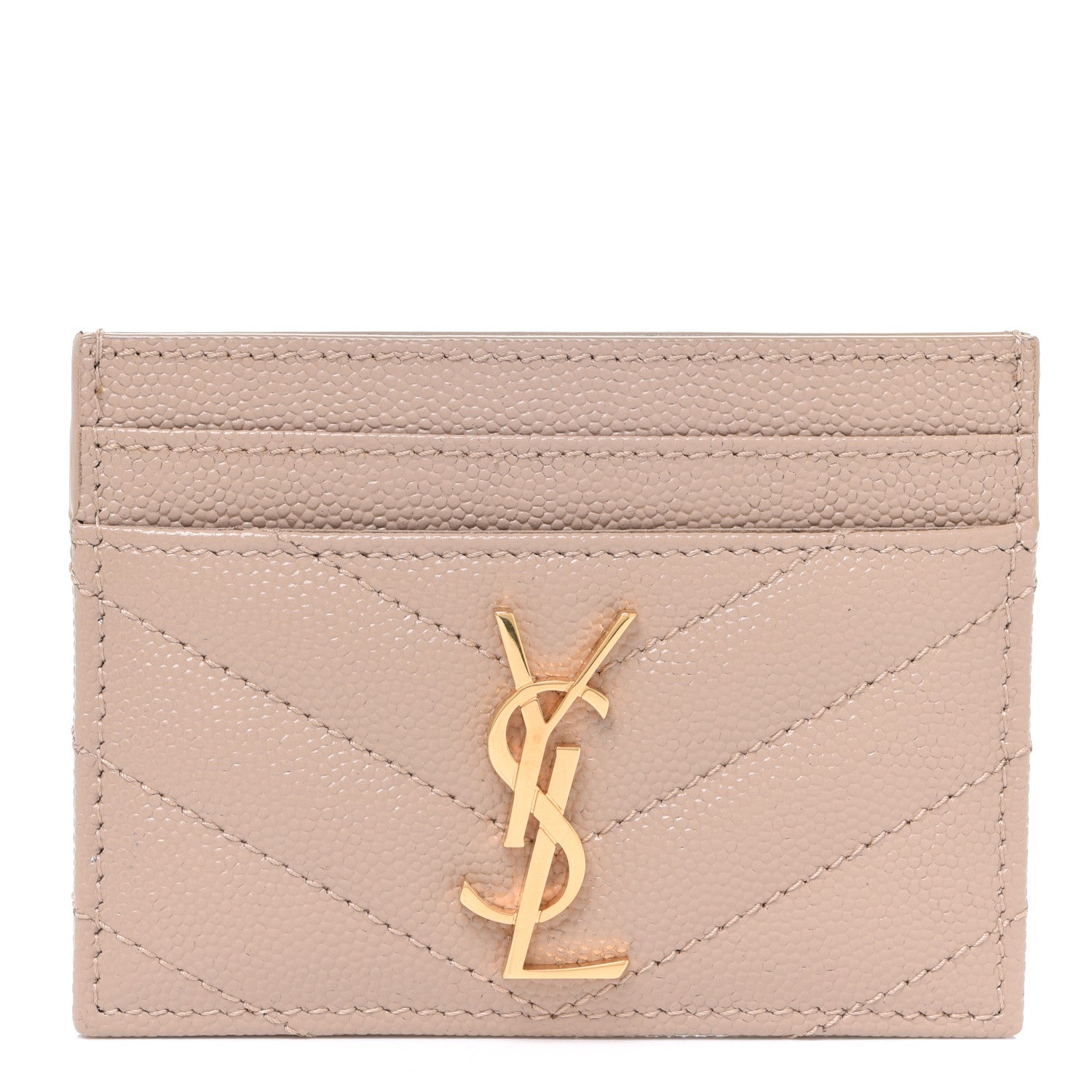 Saint Laurent Grain De Poudre Matelasse Chevron Monogram Credit Card Case Dark Beige 1 of 8