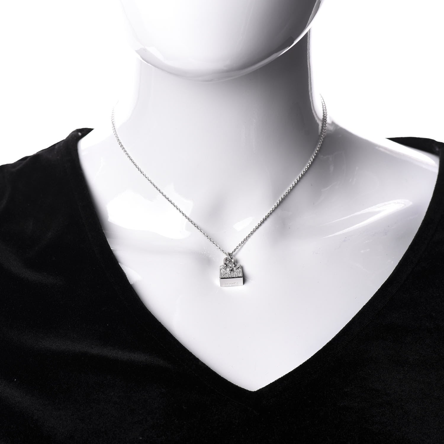 Hermes 18K White Gold Diamond Birkin Amulette Pendant Necklace 2 of 6
