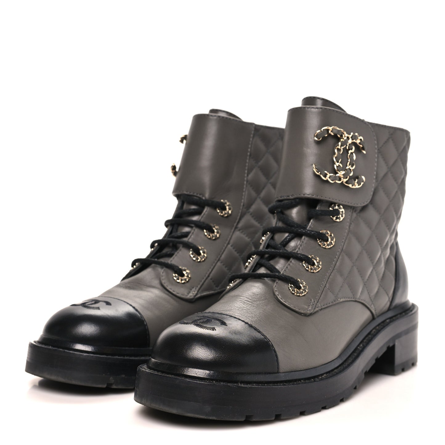 Shiny Lambskin Quilted Lace Up Combat Boots 39.5 Grey Black