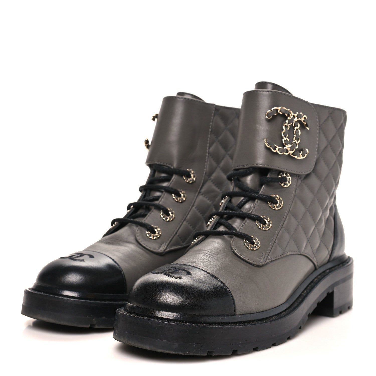 Chanel Shiny Lambskin Quilted Lace Up Combat Boots 39.5 Grey Black 4 of 10