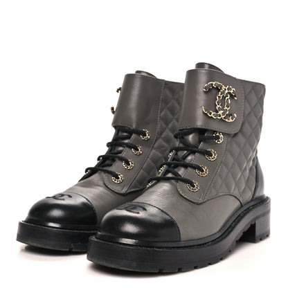 Chanel Shiny Lambskin Quilted Lace Up Combat Boots 39.5 Grey Black 4 of 10