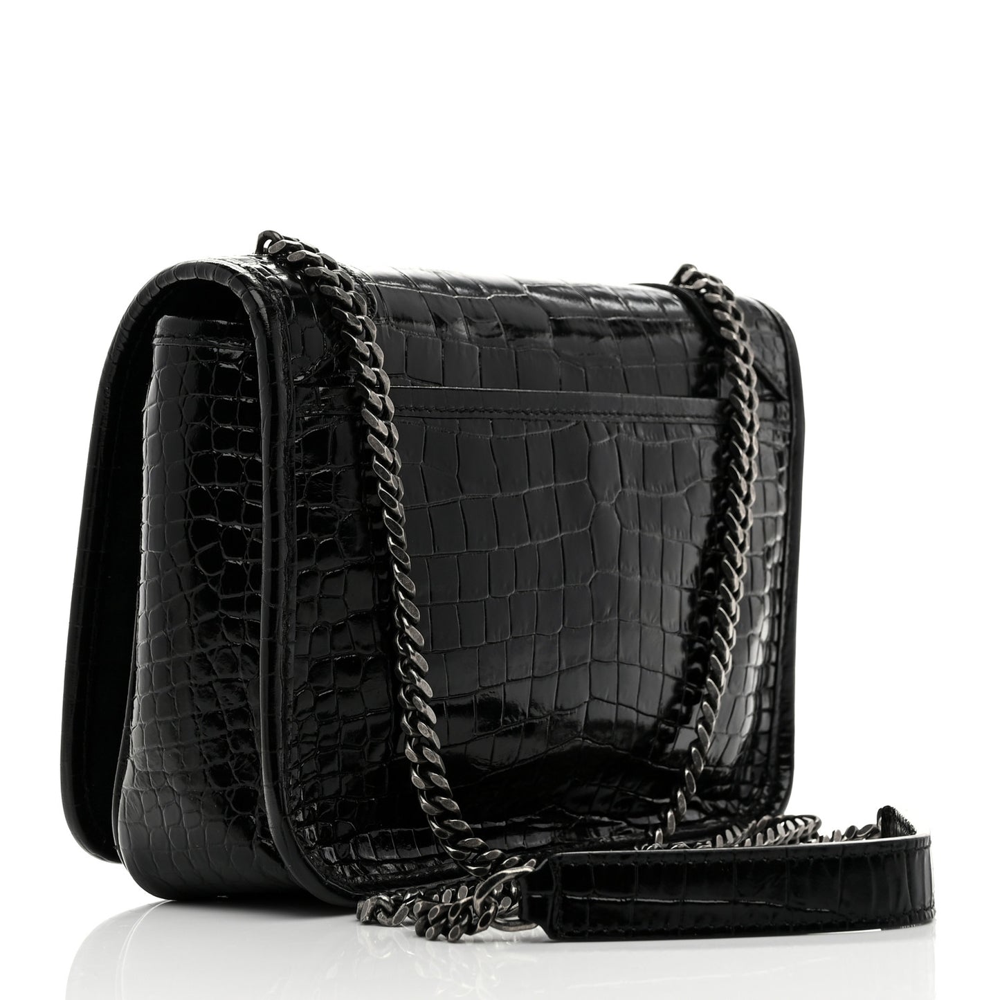 Crocodile Embossed Lambskin Matelasse Monogram Niki Chain Wallet Black