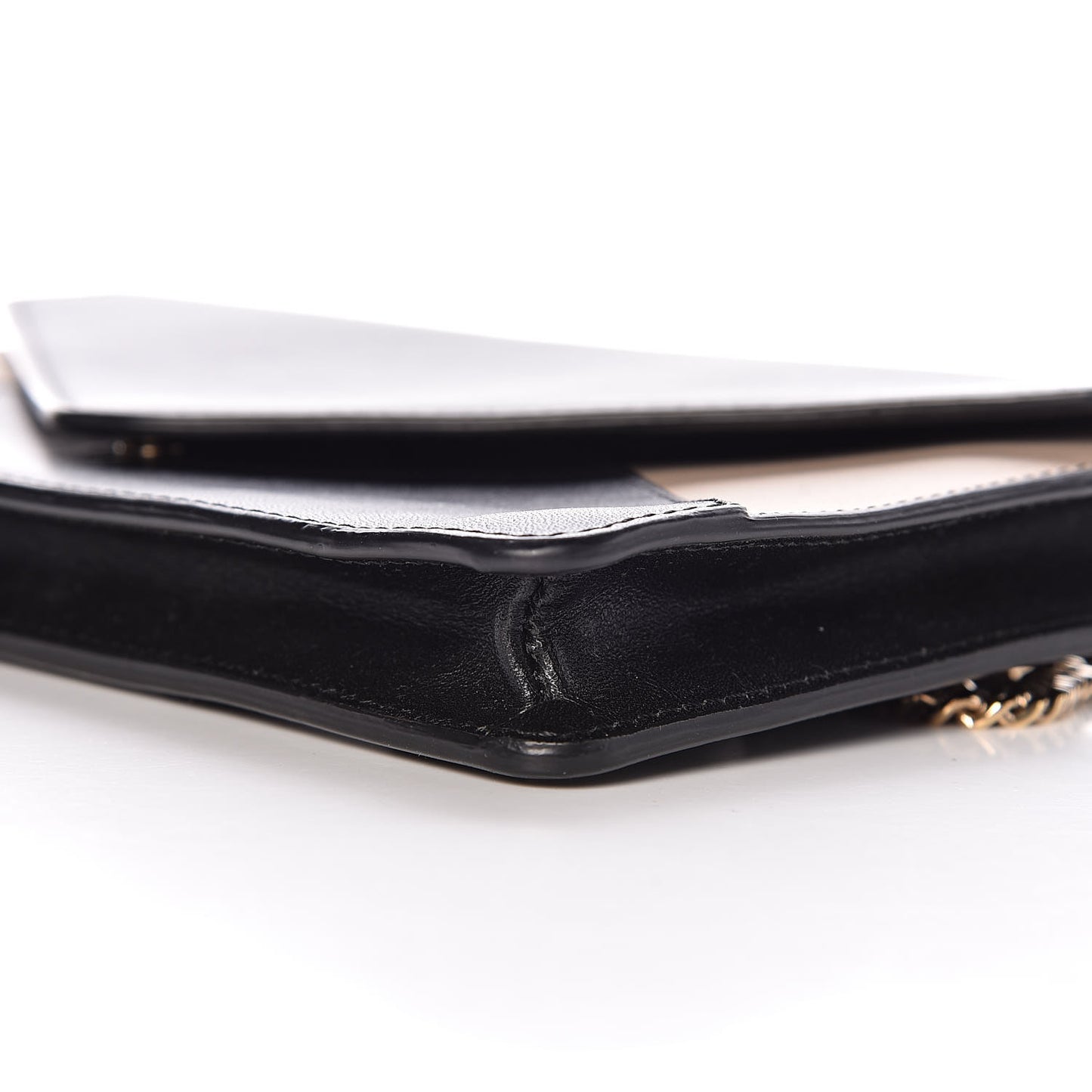 Calfskin Patchwork Chain Wallet Black Beige