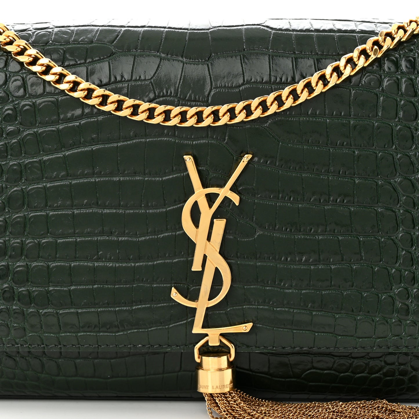 Calfskin Crocodile Embossed Medium Classic Monogram Kate Tassel Satchel Dark Mint