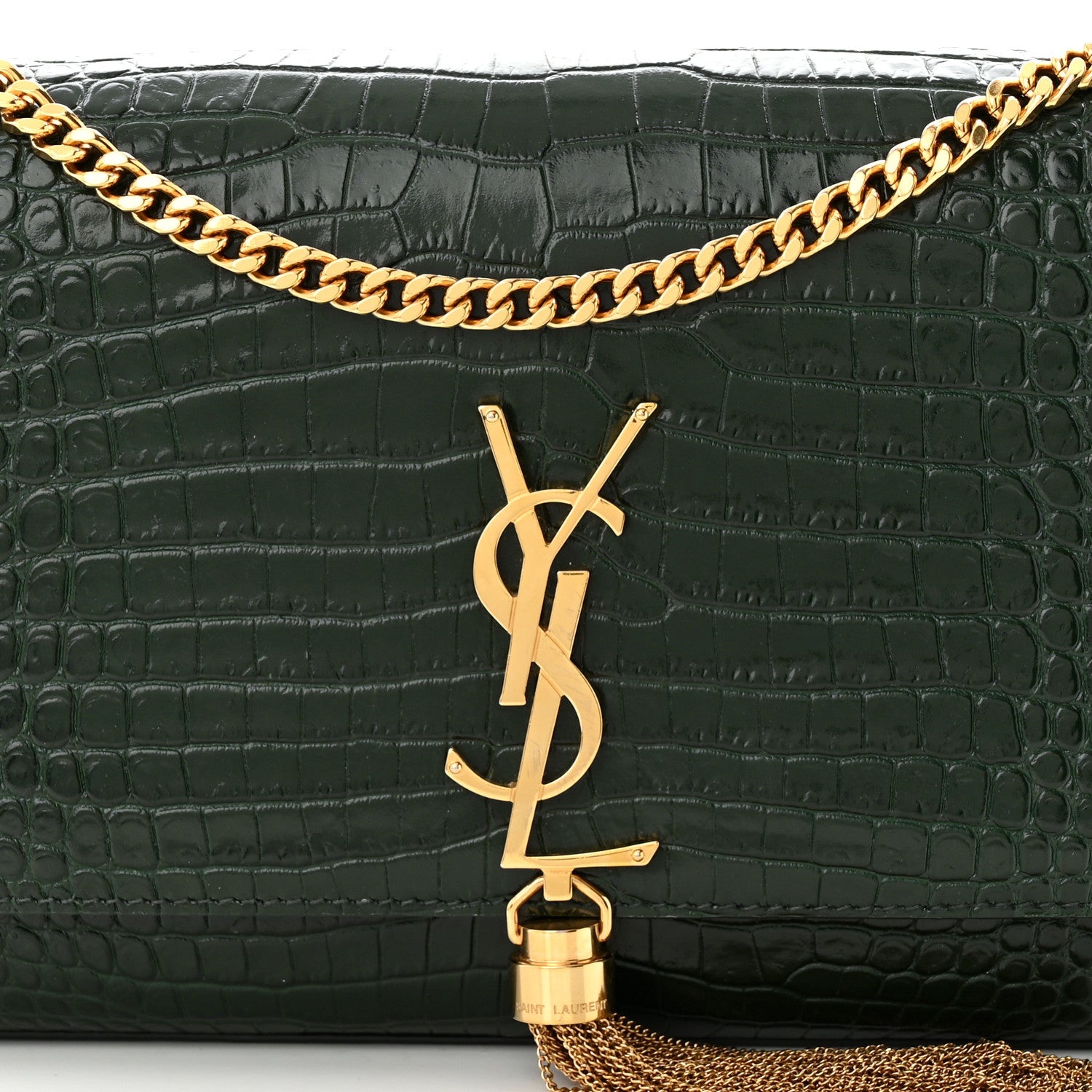 Saint Laurent Calfskin Crocodile Embossed Medium Classic Monogram Kate Tassel Satchel Dark Mint 8 of 13