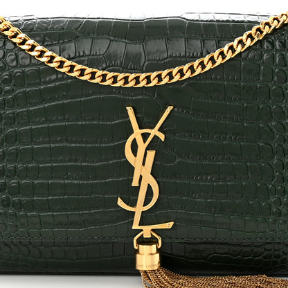 Saint Laurent Calfskin Crocodile Embossed Medium Classic Monogram Kate Tassel Satchel Dark Mint 8 of 13