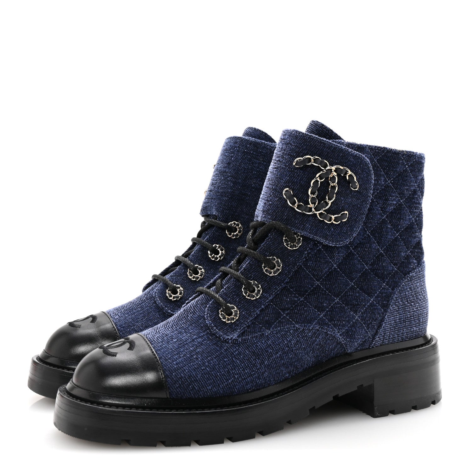 Chanel Shiny Calfskin Velvet Quilted Lace Up Combat Boots 38.5