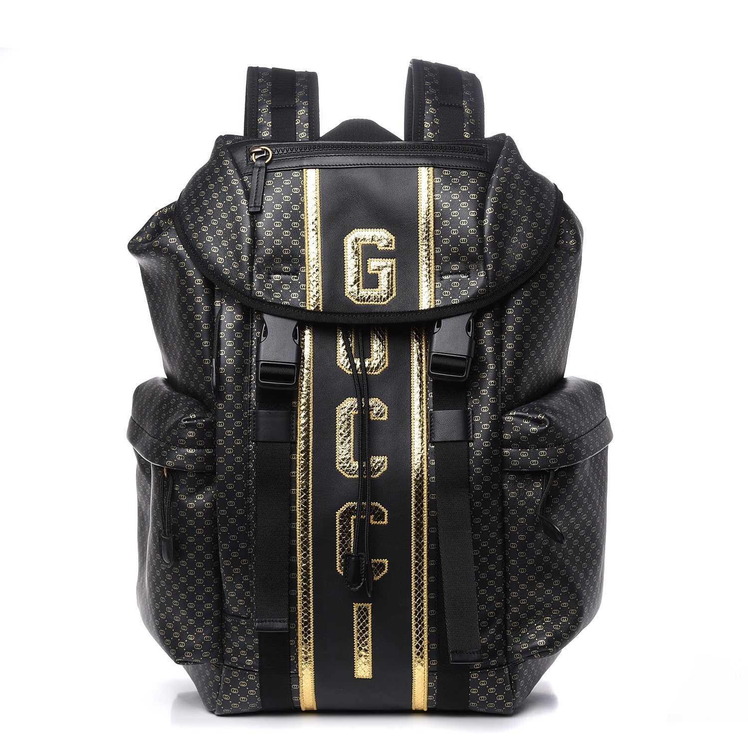 Gucci X DAPPER DAN Calfskin Laminated Ayers GG Micro Monogram Double Buckle Backpack Black Gold 1 of 9