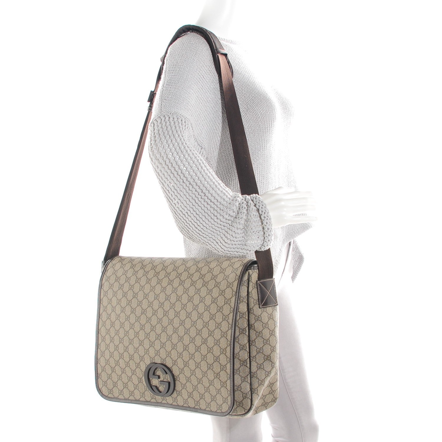 Gucci GG Plus Monogram Large Interlocking G Flap Messenger Bag Beige Dark Brown 2 of 7