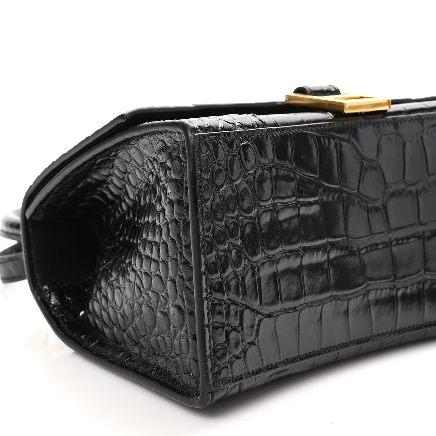 Shiny Calfskin Crocodile Embossed Small Hourglass Top Handle Bag Black
