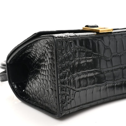 Balenciaga Shiny Calfskin Crocodile Embossed Small Hourglass Top Handle Bag Black 9 of 11
