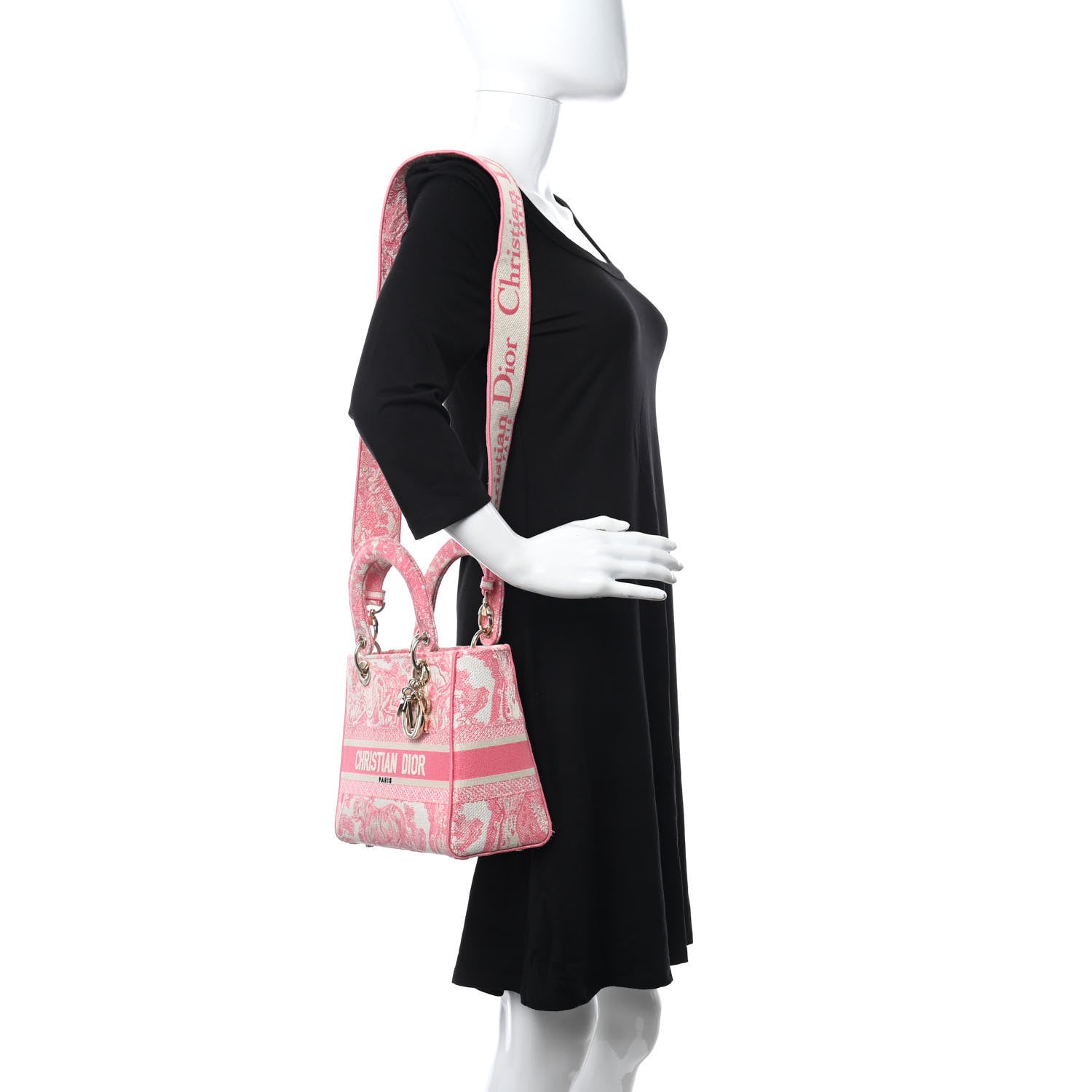 Christian Dior Canvas Toile De Jouy Reverse Embroidered Medium Lady D-Lite Fluorescent Pink 2 of 9