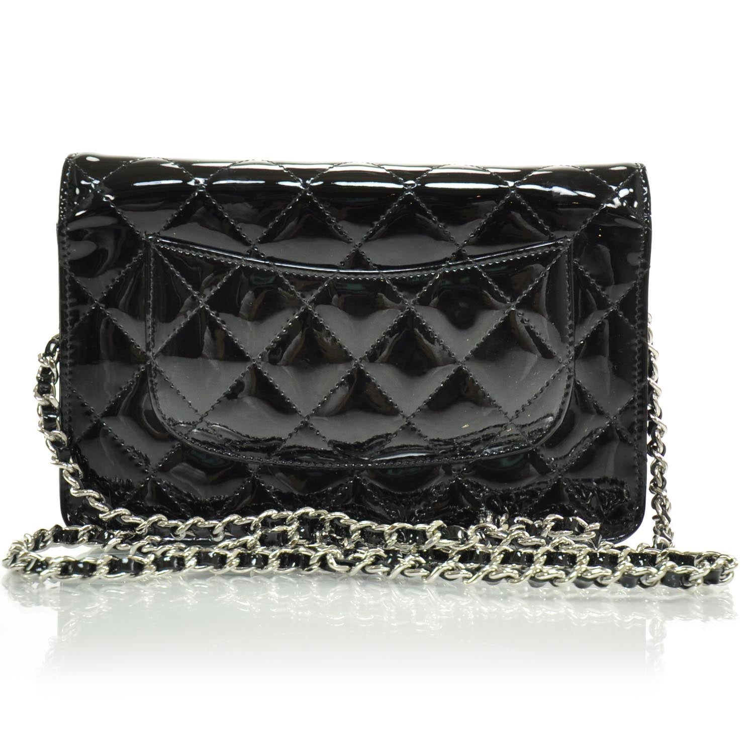 Chanel Patent Quilted Wallet On Chain WOC Black SHW 4 of 8