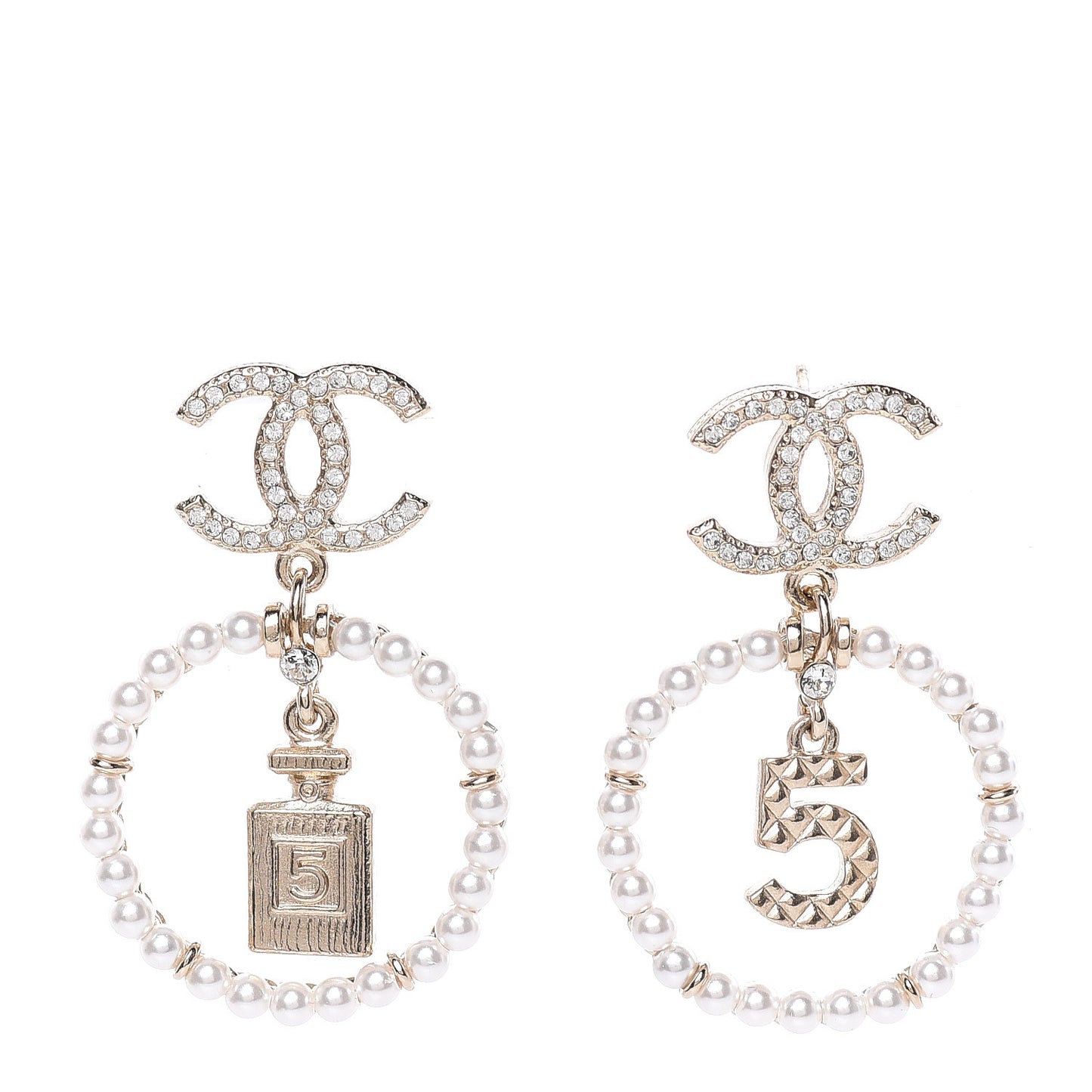Crystal Pearl Charms CC Drop Earrings Gold