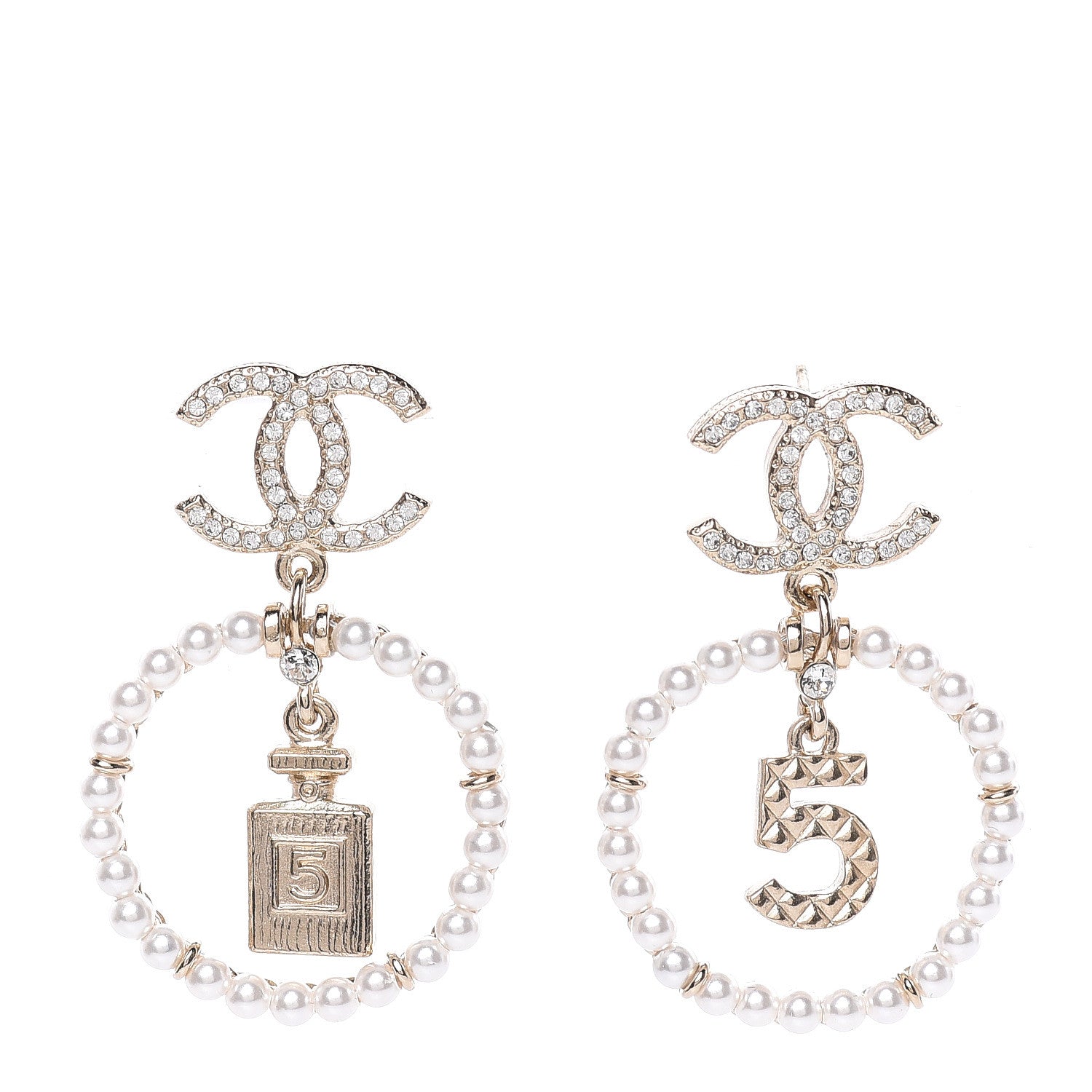 Chanel Crystal Pearl Charms CC Drop Earrings Gold 1 of 4