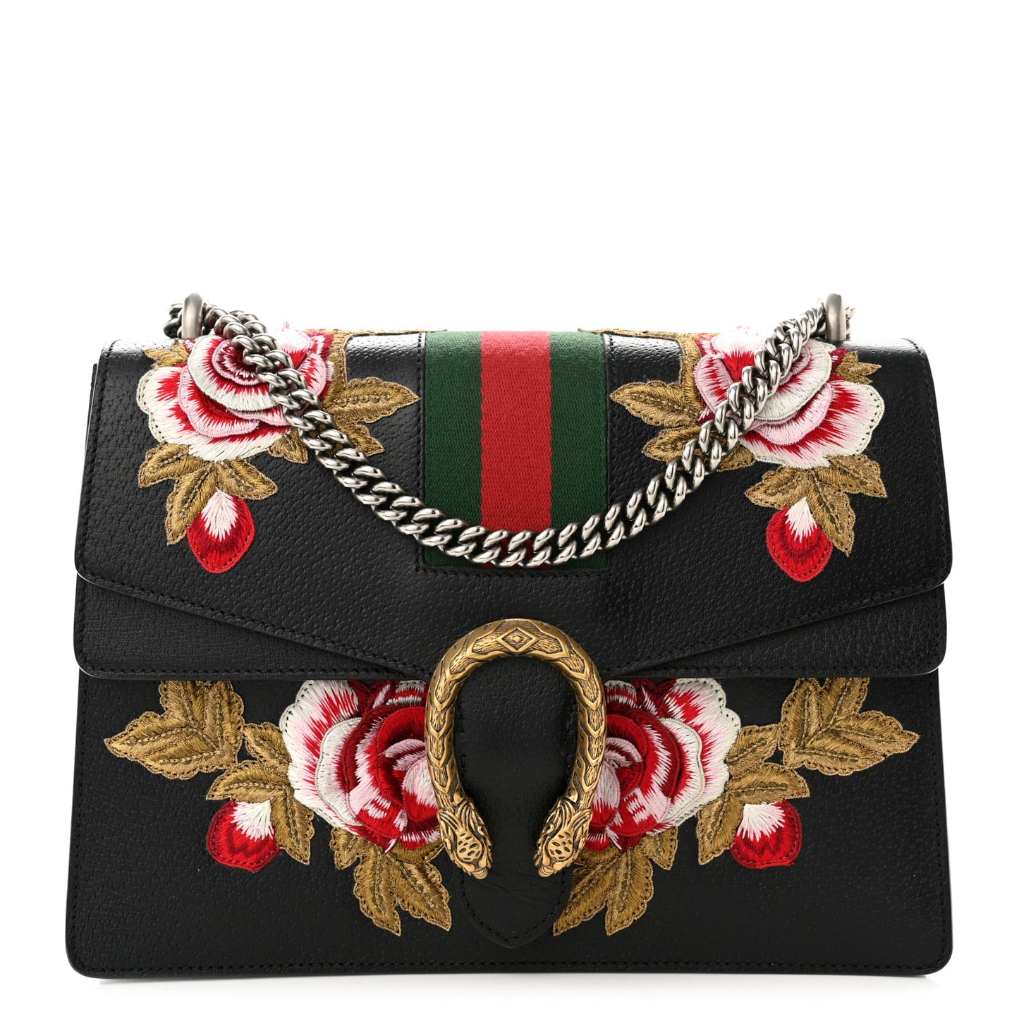 Calfskin Web Floral Embroidered Medium Dionysus Shoulder Bag Black