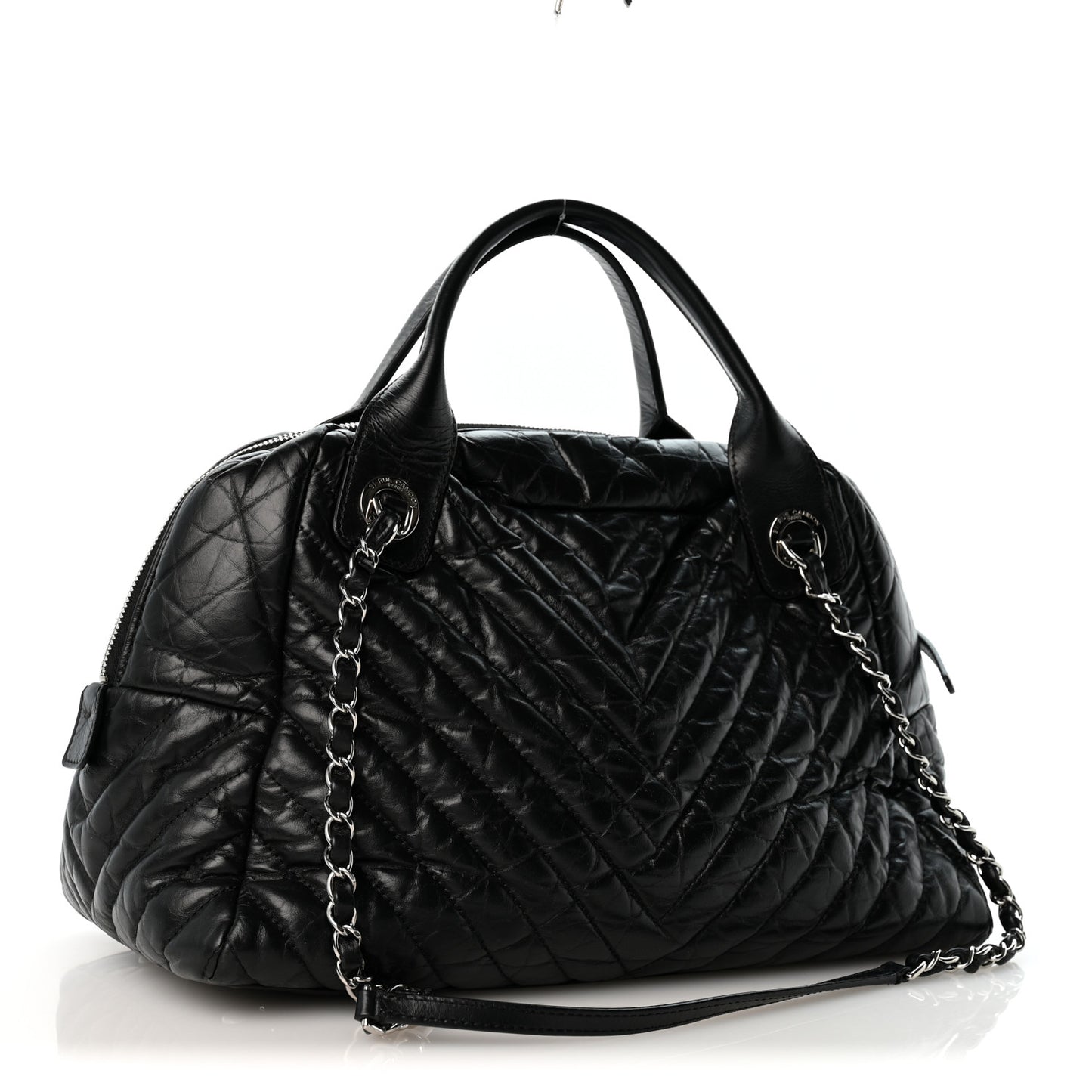 Aged Calfskin Chevron Medium Soft Bowling Bag Black