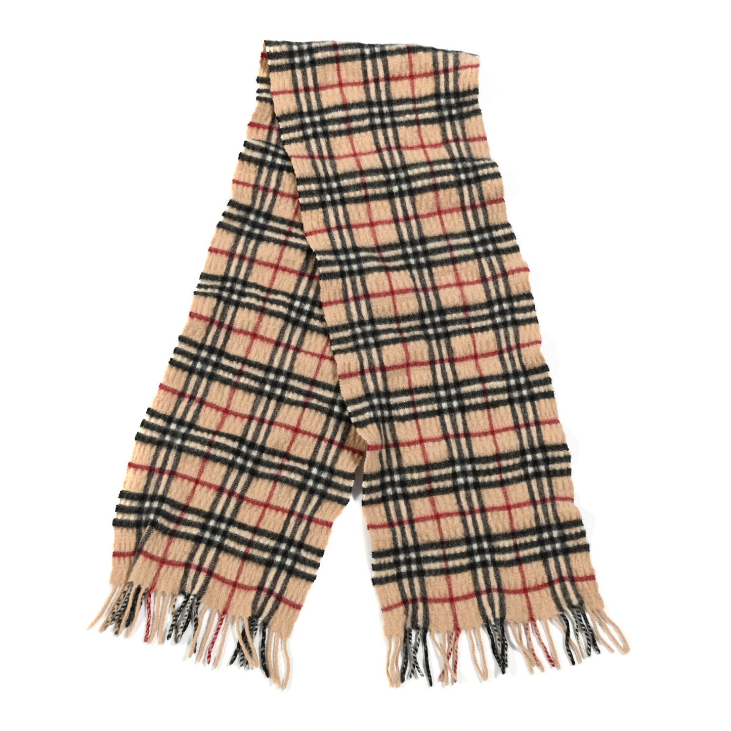 Cashmere Wool Classic Check Fringe Scarf Camel