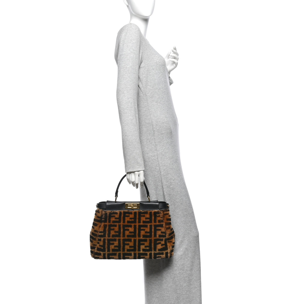 Fendi Shearling Vitello Vernice Mou Pequin Striped Medium Peekaboo Iconic Satchel Tobacco Black 2 of 12