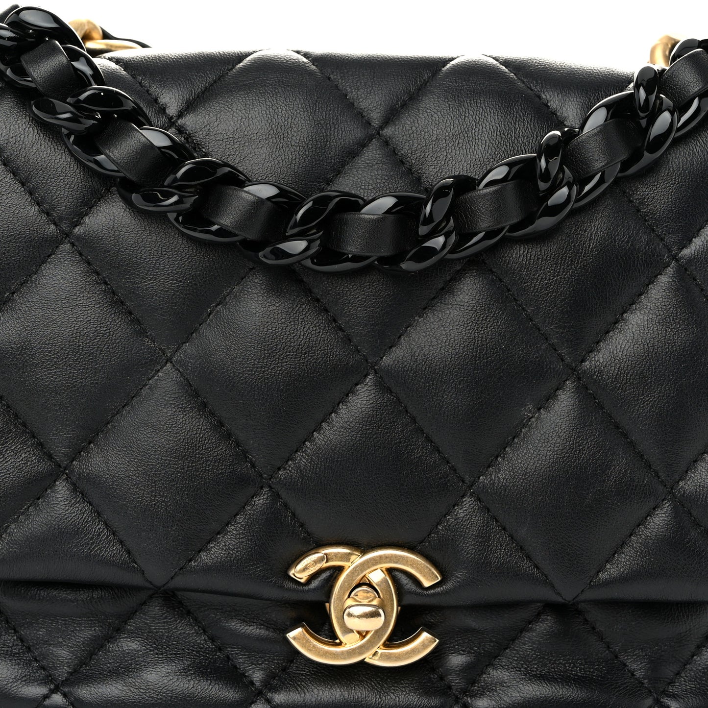 Lambskin Quilted Small Lacquered Chain Flap Black