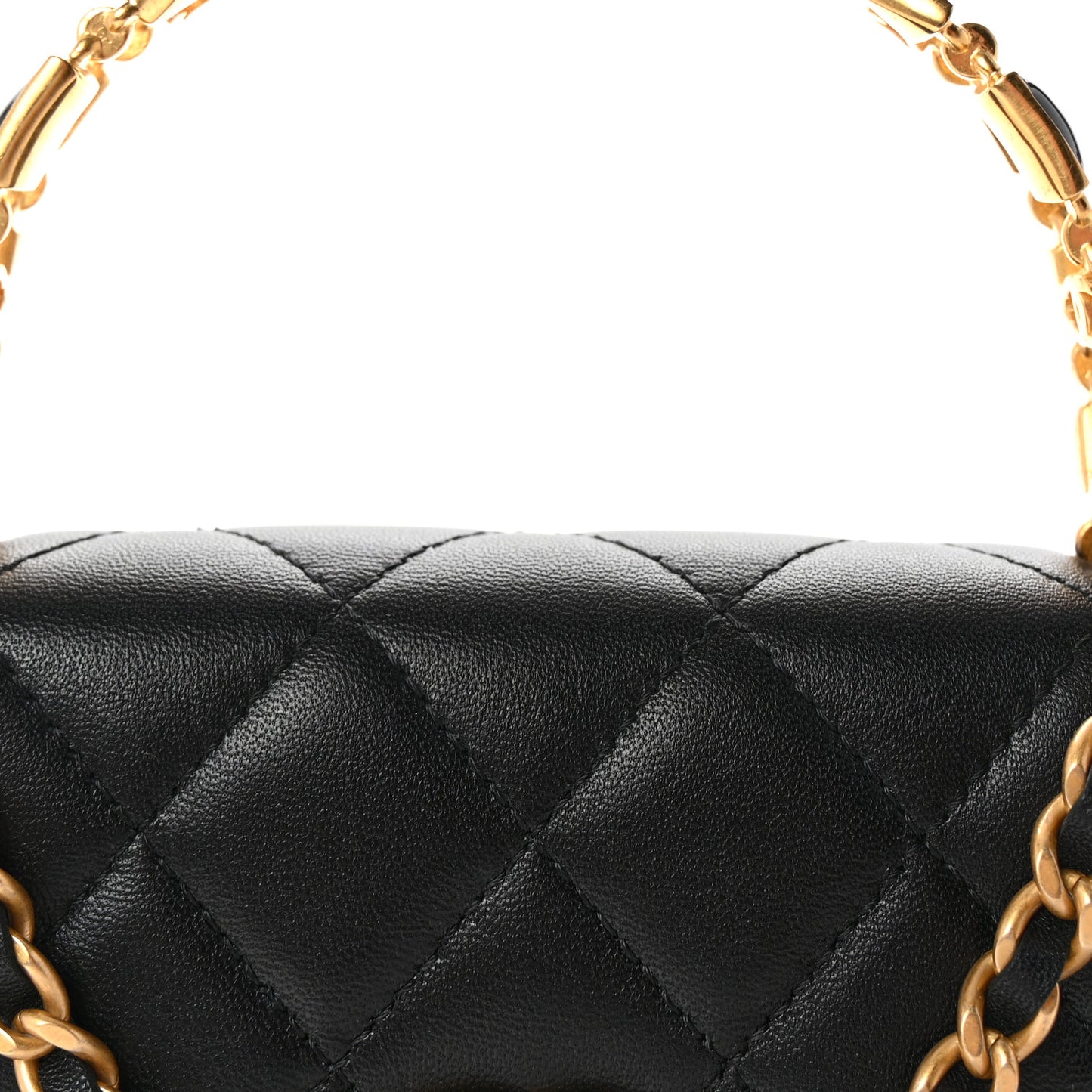 Lambskin Enamel Quilted Top Handle Flap Phone Holder With Chain Black