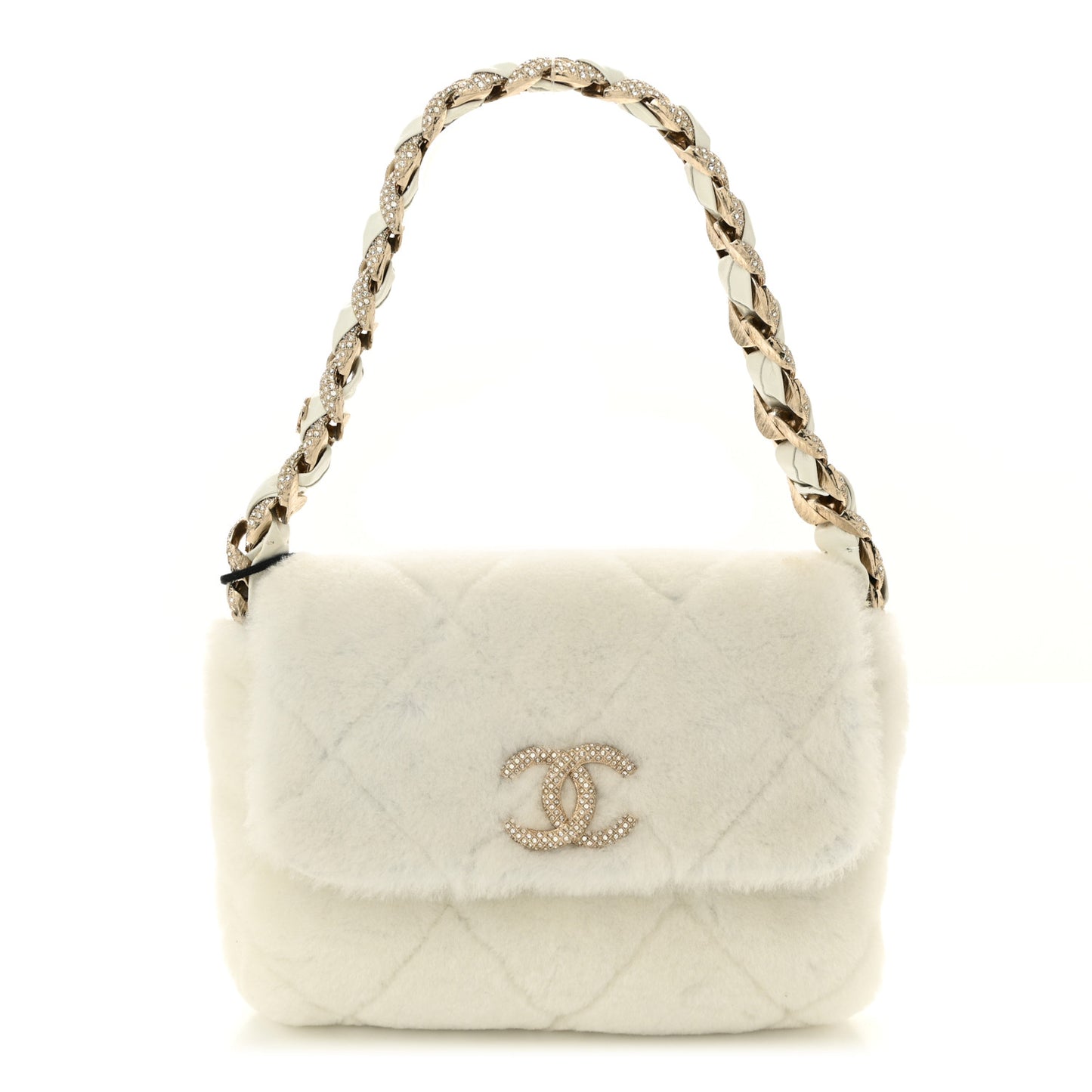 Shearling Lambskin Crystal Strass Flap White