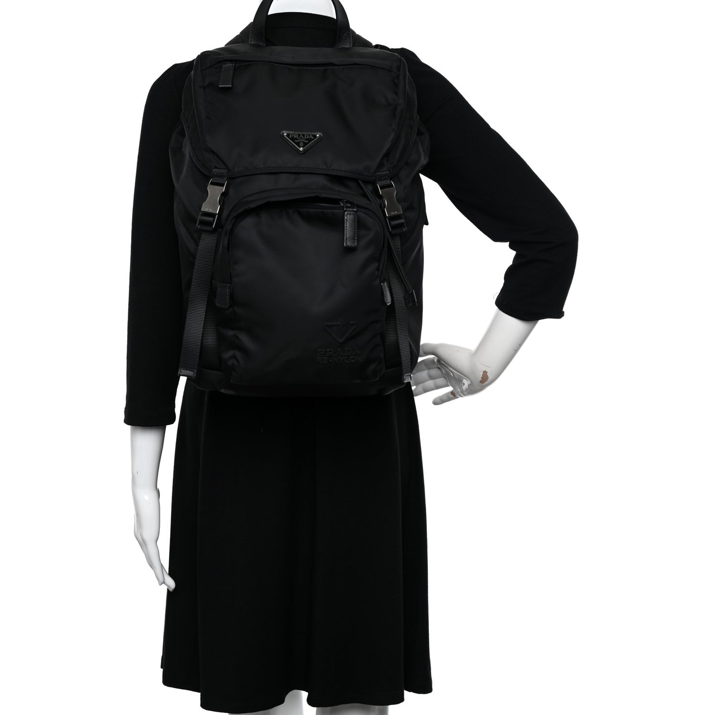 Re-Nylon Saffiano Logo Double Buckle Backpack Black