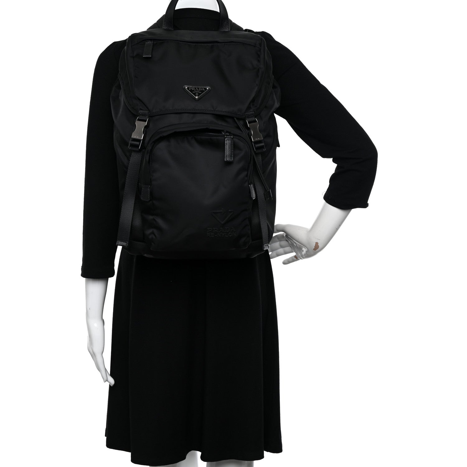 Prada Re-Nylon Saffiano Logo Double Buckle Backpack Black 2 of 10