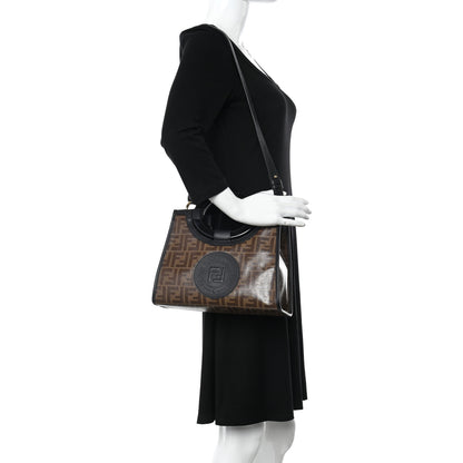 Fendi Glazed Fabric Vitello Century Plexiglass FF 1974 Stamp Patch Small Runaway Shopper Tote Mogano Panna Black 3 of 10