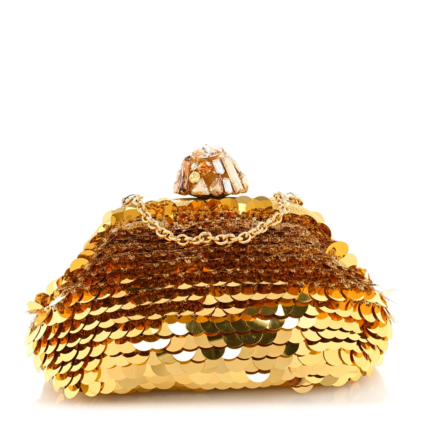 Crochet Sequin Paillettes Crystal Embellished Chain Clutch Gold
