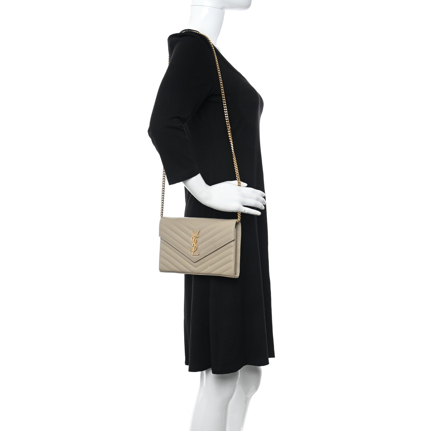 Saint Laurent Grain De Poudre Matelasse Chevron Cassandre Chain Wallet Deep Beige 2 of 9