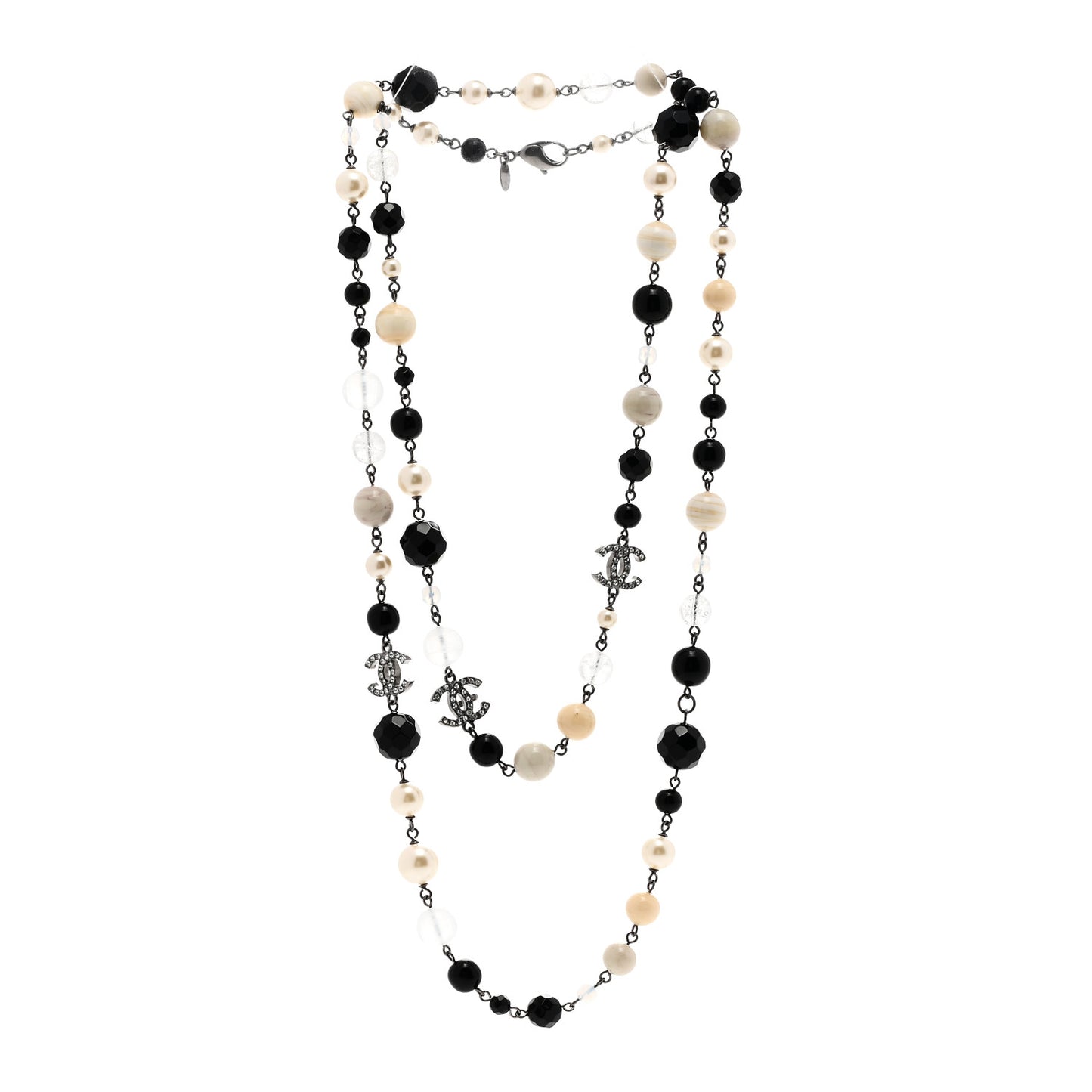 Pearl Beaded Crystal CC Long Necklace Black Silver