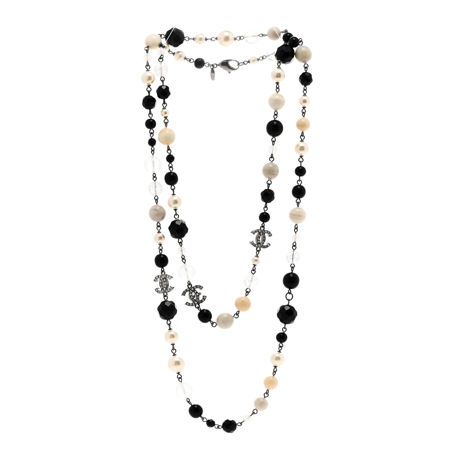 Chanel Pearl Beaded Crystal CC Long Necklace Black Silver 3 of 6