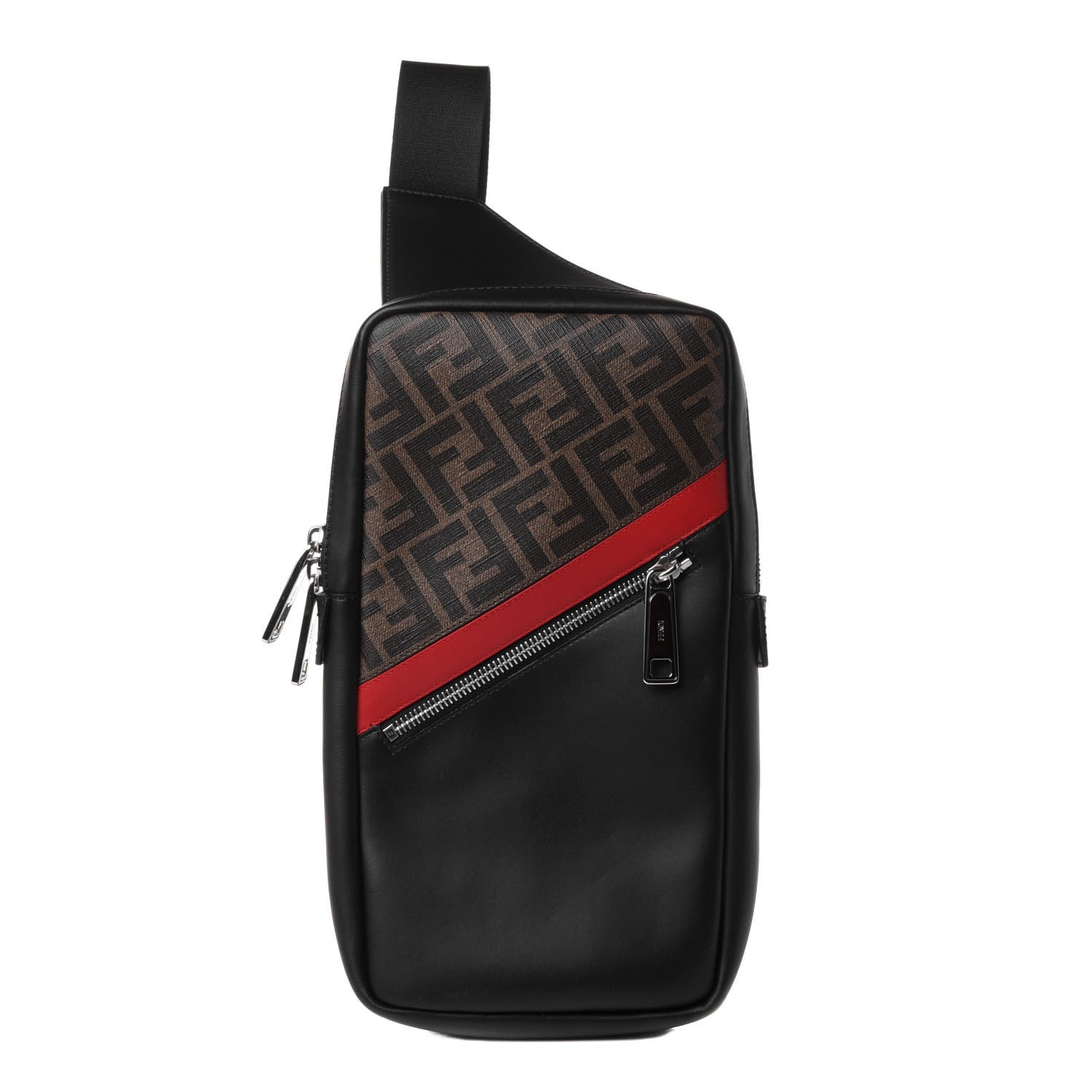 Fendi Glazed Fabric Vitello Liberty FF 1974 Diagonal Sling Bag Tobacco Rosso Black 1 of 4