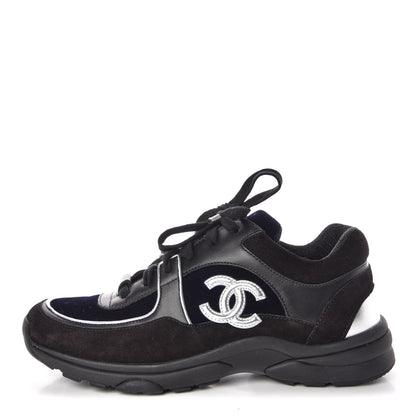 Chanel Suede Velvet Lambskin CC Sneakers 37 Black Blue Silver 1 of 8