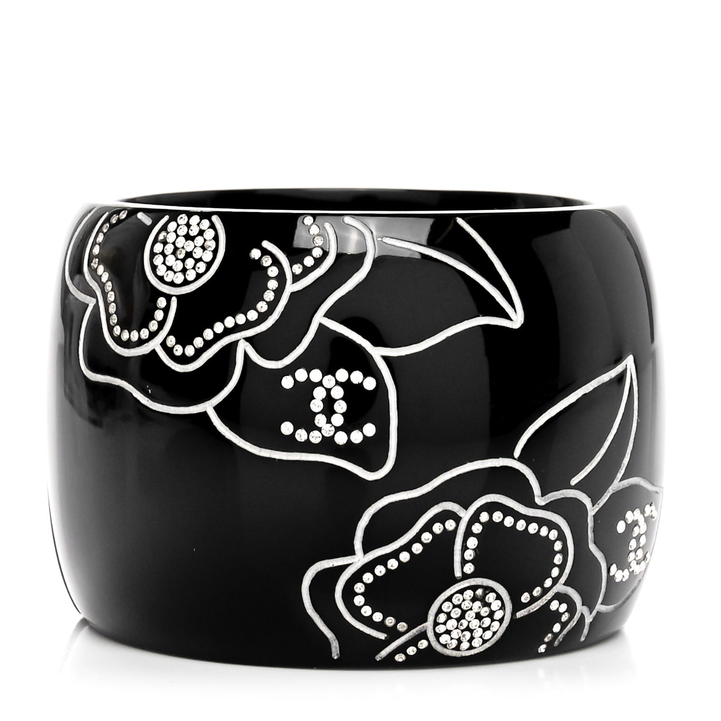 Resin Crystal Camellia CC Cuff Bracelet Black Silver