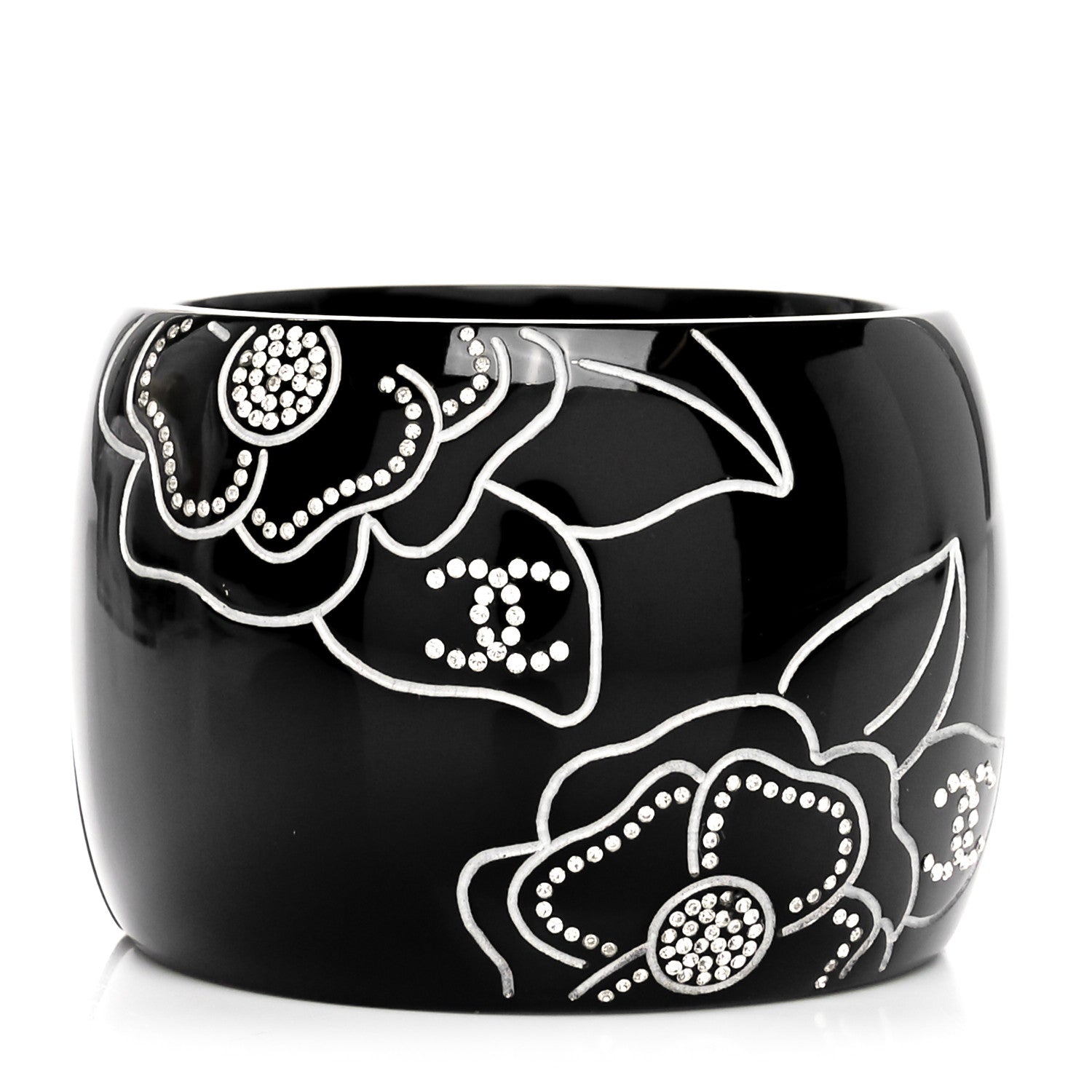 Chanel Resin Crystal Camellia CC Cuff Bracelet Black Silver 1 of 4